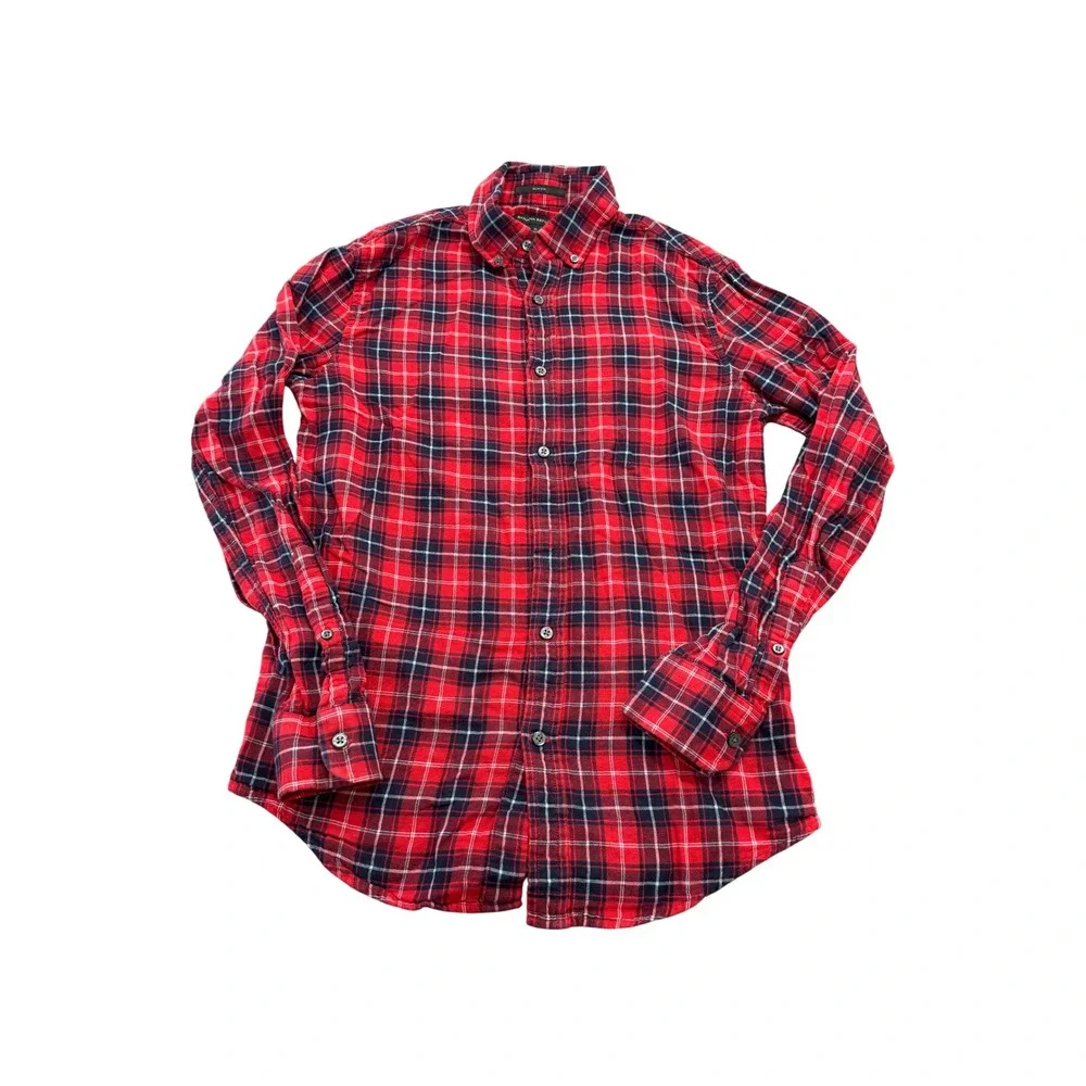 Banana Republic Mens Slim Fit Red Blue Plaid Flannel Button Down Shirt Small